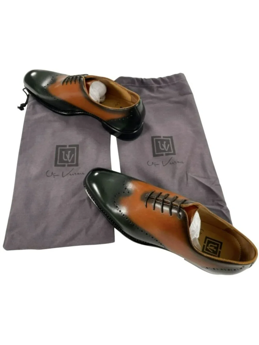 UGo Vasare Williams Green/Caramel Calfskin Oxford Shoes W/Dust Bags Men's Size 8